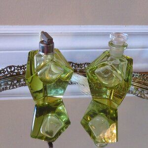 2 VTG Bohemian Czech Moser style Art Deco green led Cut Glass Perfume Bottles